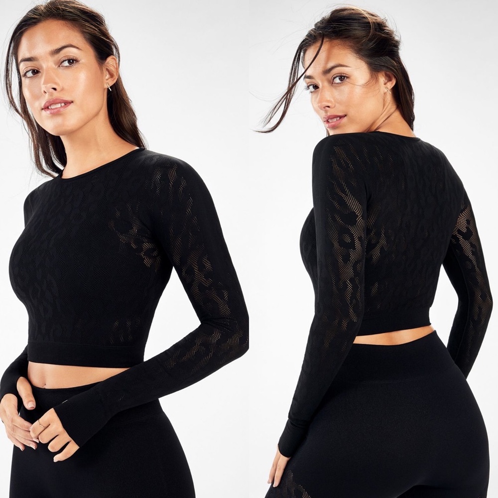 NWT Fabletics Black Valeria SculptKnit Top Sheer Leopard Print Size Small